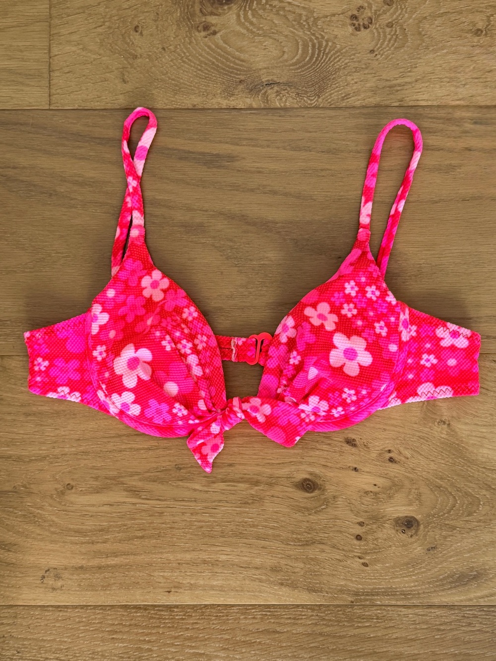VTG Y2K Push-Up Underwire Bikini Bra Top Padded Hot Pink Daisy Floral Small EUC